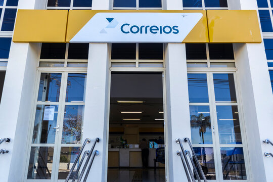 Marilia, SP, Brazil, July 02, 2026: Exterior view of a Correios post office building branch in downtown Mrarilia city. Correios is the state-owned company responsible for the postal service