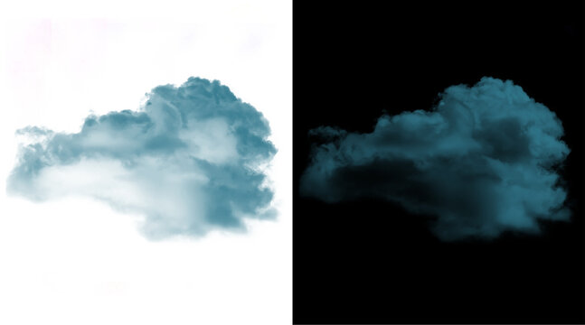 Dramatic blue storm cloud isolated on white and black backgrounds, moody cumulus cloud formation, dark atmospheric weather element for compositing