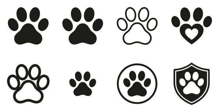 Minimalist paw icon variations set, premium vector line art bundle for digital marketing, clean geometric horizontal paws graphic designs for creative branding projects isolated on white bac
