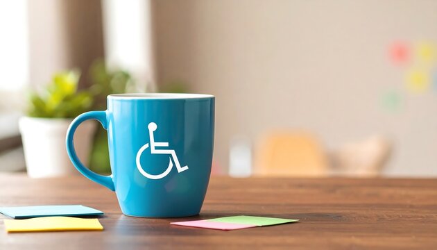 Blue coffee mug with accessibility symbol and postit notes on table