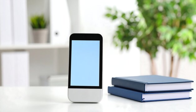 Smartphone with blue screen and books resting on a table
