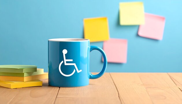Blue mug displaying wheelchair accessibility symbol on a wooden table