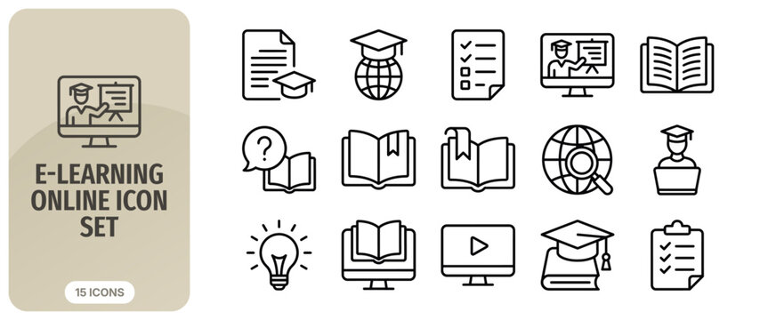 Elearning online icon set, education and digital learning symbols, vector illustration of school and university study materials, online courses, webinars, and knowledge acquisition icons