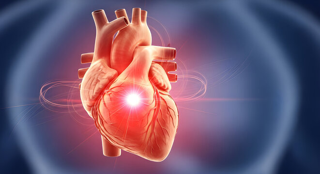 Human heart anatomy illustration showing cardiovascular health and medical concepts with glowing light effects on a dark blue background