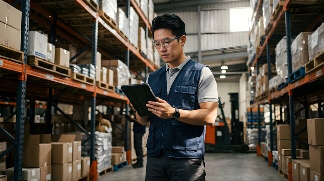 Asian male warehouse worker using a digital tablet to check inventory