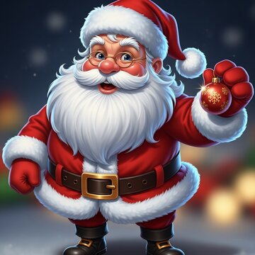 Jolly St. Nick, a twinkle in his eye, holding a festive bauble against a bokeh glow.