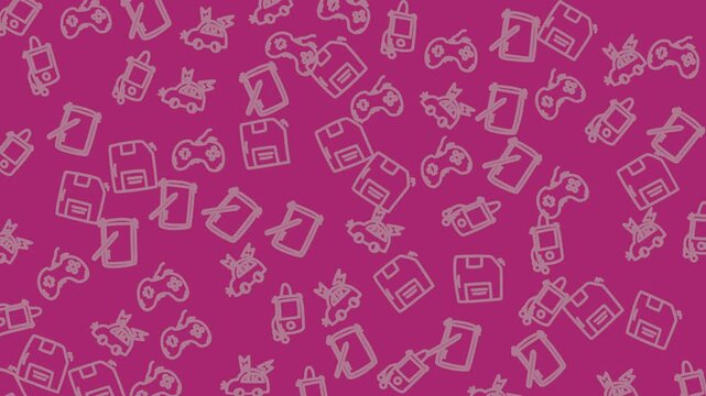 Pink background with repeating pattern of game controllers, floppy disks, and cars in vector line art style. Ideal for gamingrelated designs.