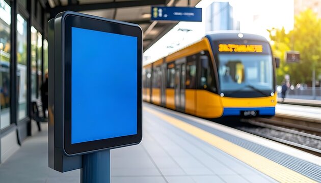 Train station display showing blue screen and a departing train
