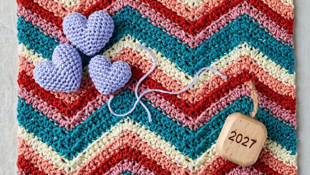 Handmade crochet chevron blanket with knitted hearts and wooden new year tag