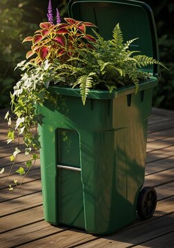 Reclaimed bin, vibrant bloom, nature's second chance.