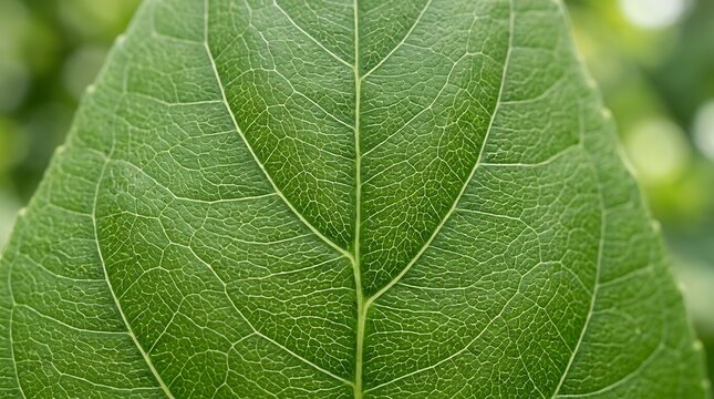 Close up shot of a green leaf showing detailed veins and natural texture in a garden. ultra fine striations