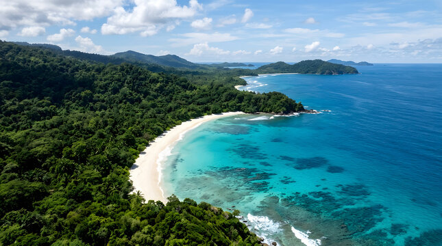Drone view of a pristine white sand beach bordered by dense green jungle and crystal-clear turquoise ocean water.