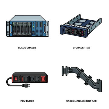 Server Rack Components: Blade Chassis, Storage Tray, PDU, Cable Arm