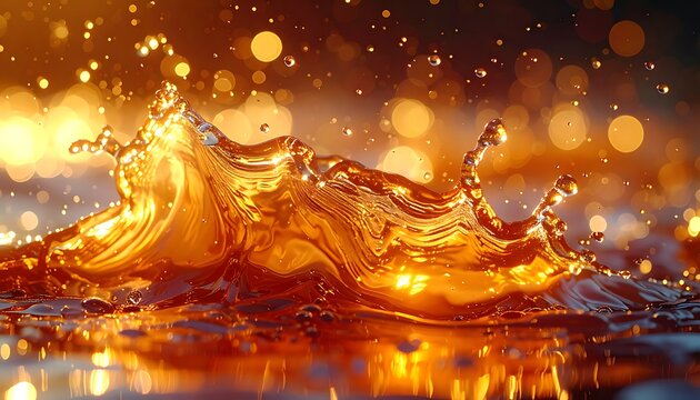 Golden Liquid Splash with Bokeh Effect.