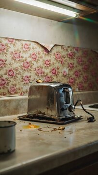 Worn kitchen countertop with burned toaster and floral wallpaper in vintage kitchen scene