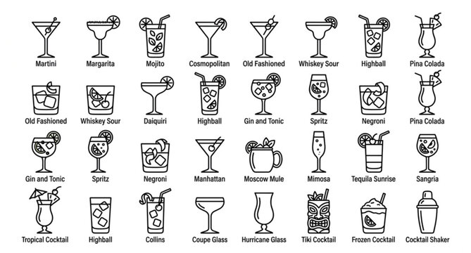 Cocktail Drink Outline Icon Set with Martini Mojito Margarita and Bar Beverage Vector Collection