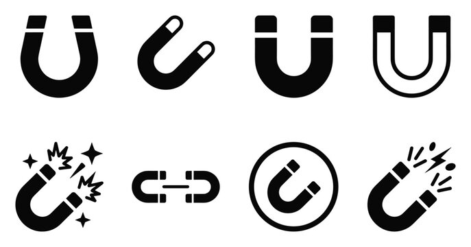 Minimalist magnet icon variations set, premium vector line art bundle for digital marketing, clean geometric horizontal magnets graphic designs for creative branding projects isolated on whi