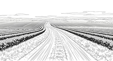 Fototapeta premium Vineyard Rows Landscape Sketch