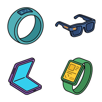 Wearable Technology Icons: Smart Ring, Glasses, Foldable Phone, Smartwatch