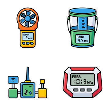 Weather Station Icons: Anemometer, Rain Gauge, Sensor, Barometer