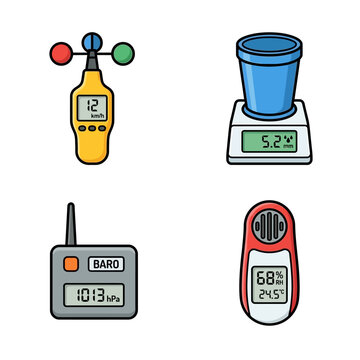 Weather Station Instruments: Anemometer, Rain Gauge, Barometer, Hygrometer Icons