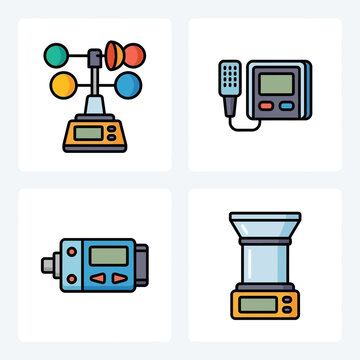 Weather Station Equipment Icons: Anemometer, Barometer, Rain Gauge, Thermometer