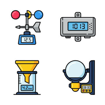 Weather Station Instruments Icons: Anemometer, Barometer, Rain Gauge, Sunshine Recorder