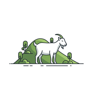 White Goat Standing on Green Hillside with Trees Illustration