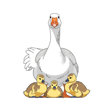 White Goose Mother with Three Goslings, Cute Farm Animals, Pixel Art