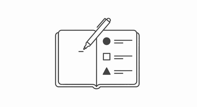 Notebook icon displays a pen writing geometric shapes and bullet points on an open page to represent organized planning and task management.