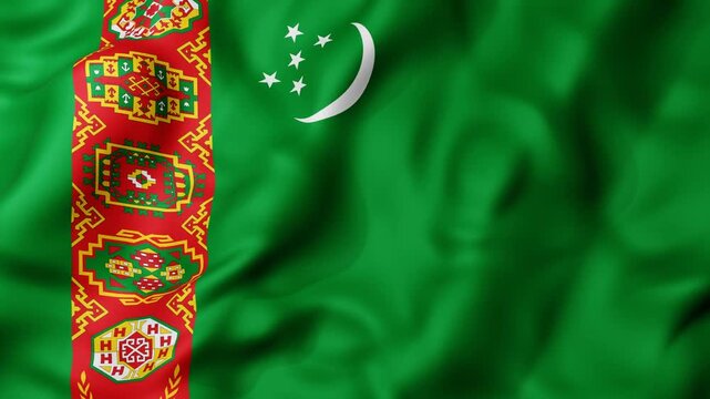 Turkmenistan flag 3d animation with Green flag waves gently in the breeze, seamless loop motion graphics. Red vertical stripe features intricate, traditional patterns. White crescent and stars symbol.