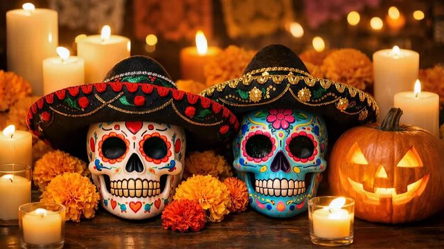 Colorful sugar skulls with candles marigold flowers and pumpkin for Day of the Dead celebration