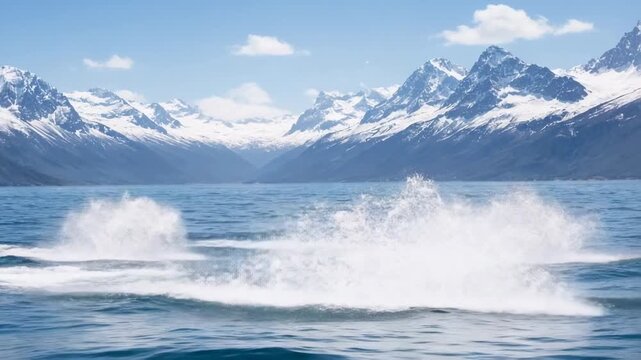 Pod of orcas swimming through icy ocean with snowy mountains under a clear blue sky