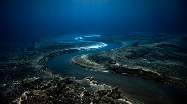 Surreal deep sea floor landscape with glowing river stream on dark ocean bottom