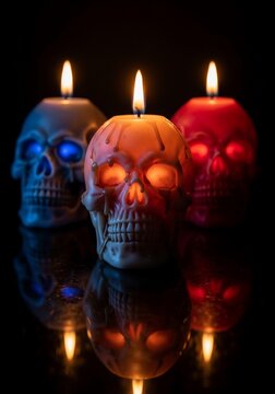 Eerie glow: three spectral skulls aflame, their reflections dance in shadow.
