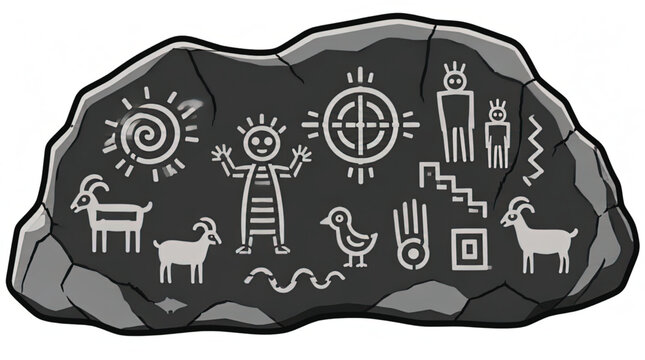 Ancient Ancestral Puebloan Petroglyph of a Bighorn Sheep on a Rocky Cliff Face, Vector Illustration