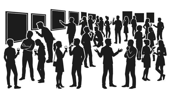 Art Gallery Opening Crowd Silhouettes Viewing Paintings