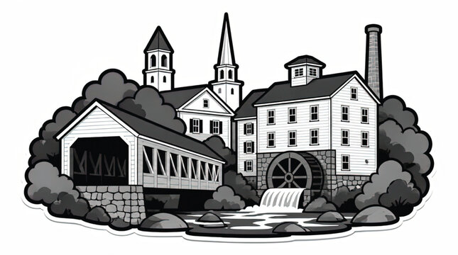 Black and White Vector Illustration of a Covered Bridge with Smoke or Mist