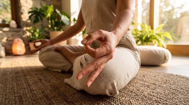 Woman meditating indoors with eyes closed, performing a yoga mudra with her hand