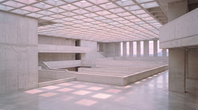 Modern Brutalist Concrete Architecture Interior with Waffle Ceiling and Natural Skylight