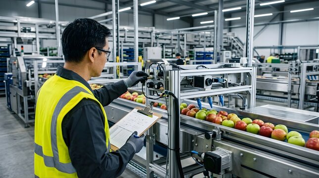 Quality control inspector monitoring fresh apple sorting on a conveyor