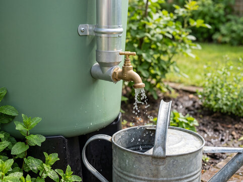 Water flows from a rain barrel tap into a metal watering can in a lush home garden setting for ecological sustainability themes.