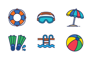 Swimming pool icons set with lifebuoy goggles umbrella flippers ladder and beach ball © Dwi