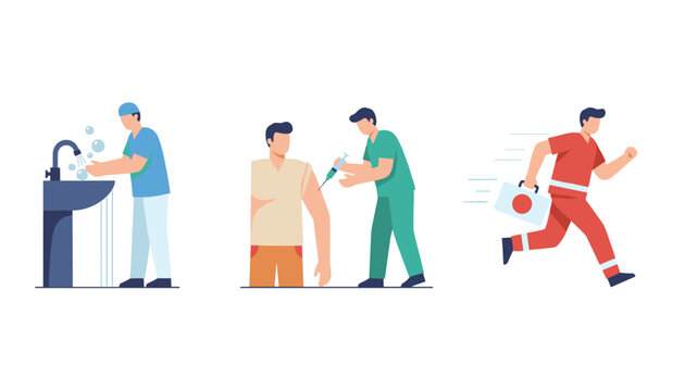 Healthcare professionals in action including a doctor washing hands, nurse vaccinating, and running emergency medic.