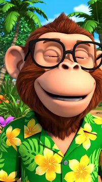 Smiling monkey character wearing glasses and floral shirt.