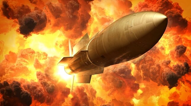 Military ballistic missile flying through a massive orange explosion with heavy dark smoke and bright glowing fire cinematic lighting