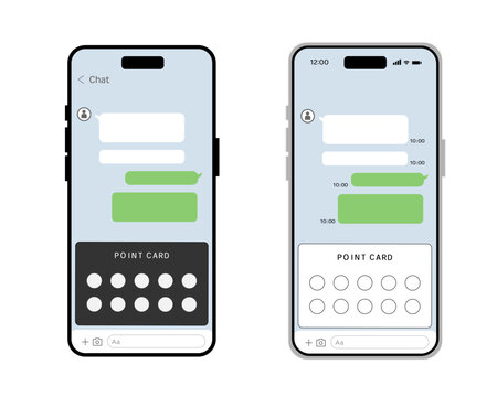 Smartphone chat app screens with digital point card icon set
