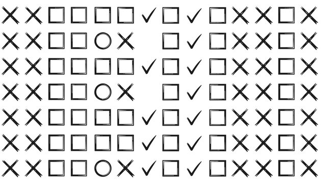 Hand drawn checklist pattern featuring check marks, crosses, circles, and square boxes in sketchy line style.