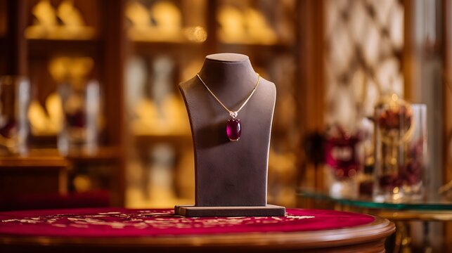 Elegant Ruby Pendant Necklace on Display in Luxury Jewelry Store.