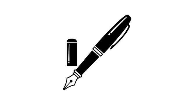 Elegant black fountain pen and ink bottle illustration.